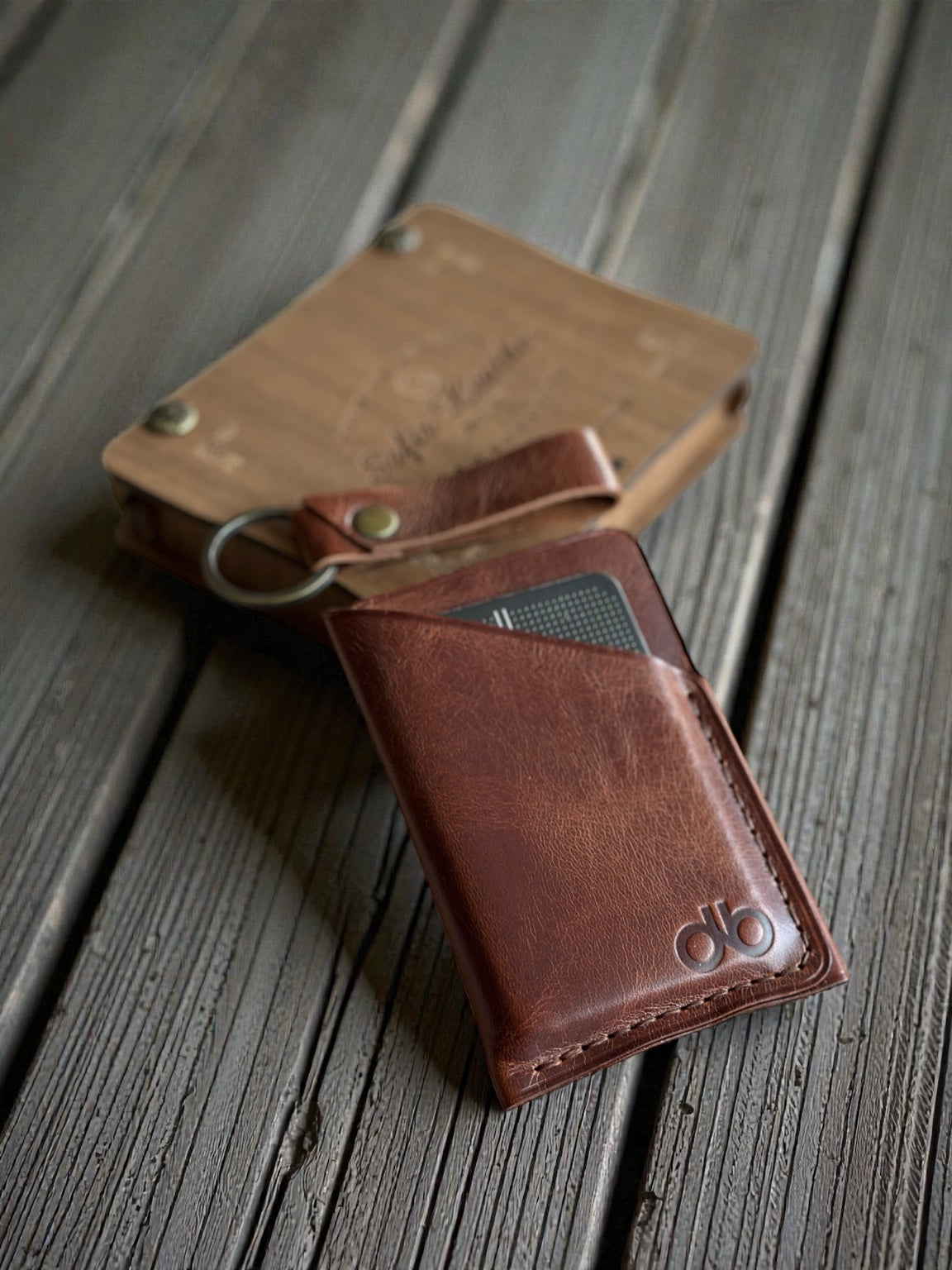 Arezzo minimal kartlık, Safir Leather ahşap kutu ve deri anahtarlık ile sunum
