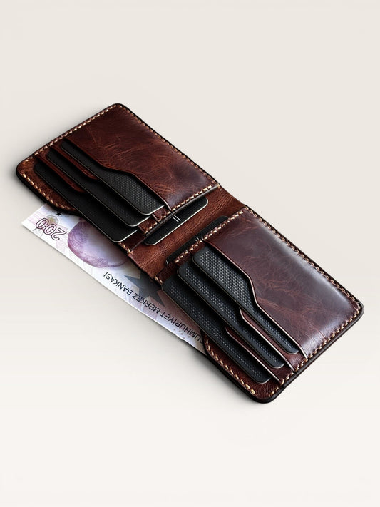 Safir Leather el yapımı kahverengi hakiki deri vintage tasarım cüzdan, kart ve nakit bölmeli