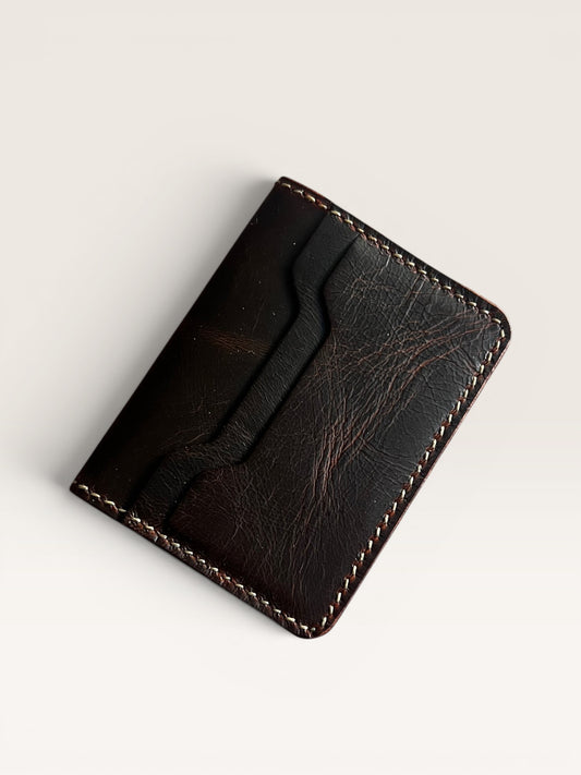 Safir Leather Italian dark brown distressed leather minimalist cardholder wallet with white stitching.