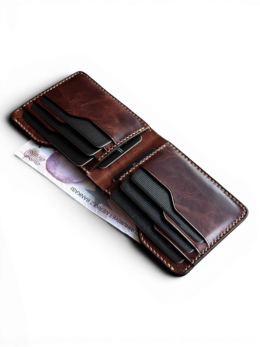 Safir Leather el yapımı, kahverengi hakiki deri cüzdan, kart bölmeleri ve kağıt para gözü ile minimalist tasarım.