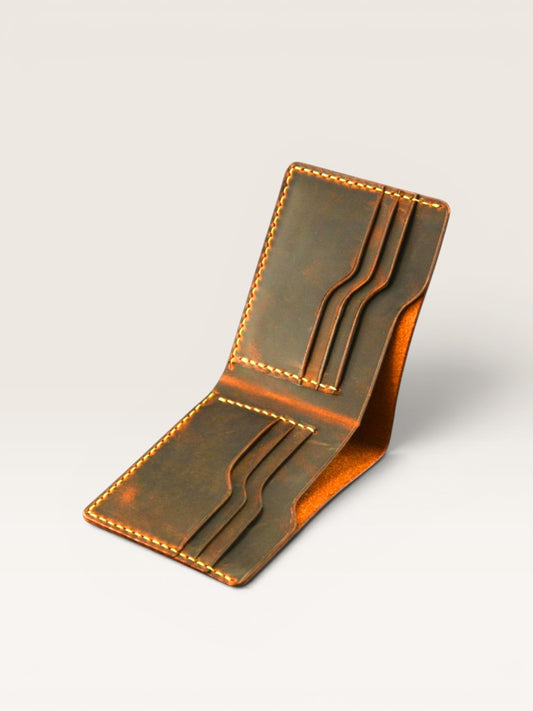 Safir Leather kahverengi hakiki deri, el yapımı, klasik erkek cüzdanı. Minimalist tasarım, 8.7x11 cm.