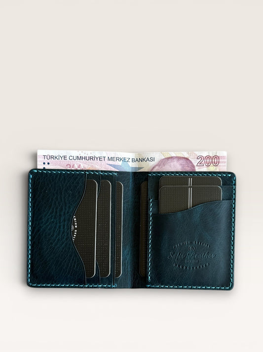 Safir Leather Babil model lacivert hakiki deri cüzdan, kart ve para bölmeli, el yapımı, 10x8.5 cm.