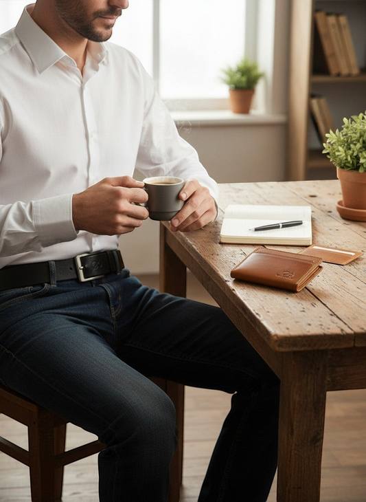 Safir Leather siyah hakiki deri erkek kemer, metal tokalı ve S amblemli, şık bir ofis ortamında kahve içen bir beyefendi.