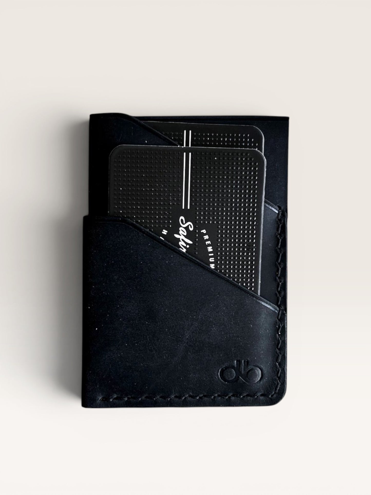 Safir Leather siyah el yapımı dana derisi kartlık, mumlu dikişli ve retro tasarımlı unisex cüzdan