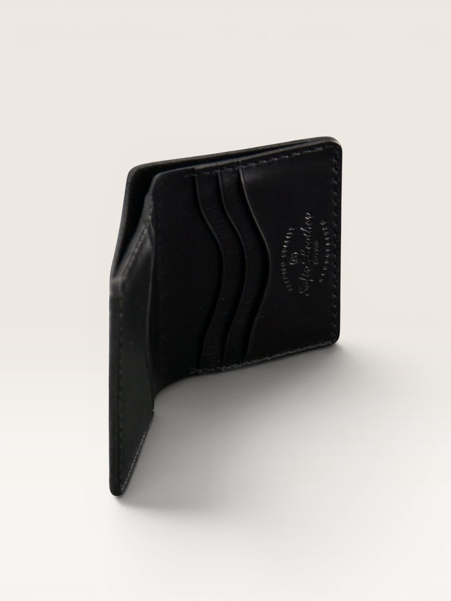 Safir Leather marka siyah hakiki deri, el yapımı, minimal tasarım, kartlık cüzdan.