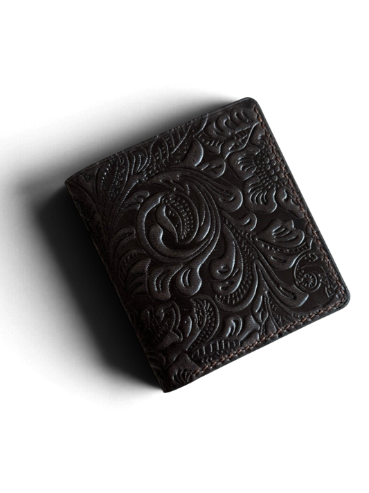 Safir Leather Babil Motif koyu kahve desenli deri cüzdan, kapalı ön görünüm