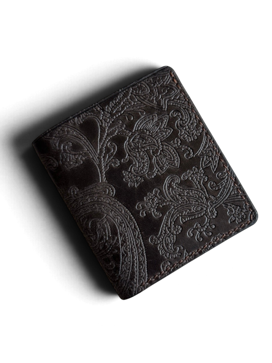 Safir Leather Babil Paisley koyu kahve desenli deri cüzdan, kapalı ön görünüm