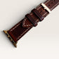 Safir Leather kahverengi, çift kat deriden, mumlu ip dikişli Apple Watch saat kayışı. Paslanmaz çelik adaptör ve toka.