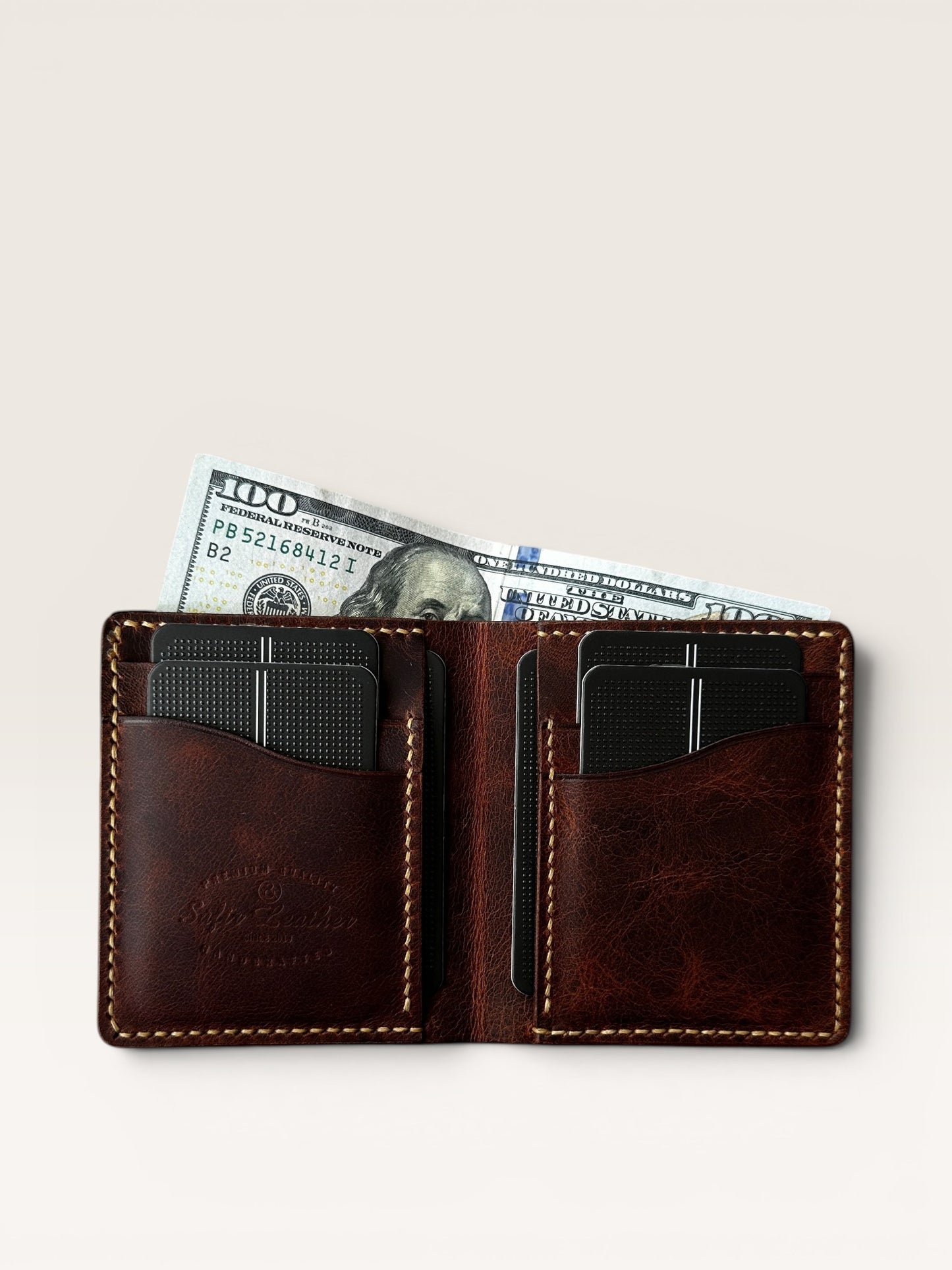 Safir Leather B-King hakiki deri taba rengi cüzdan, kart ve para bölmeli, el yapımı, 10x9 cm.