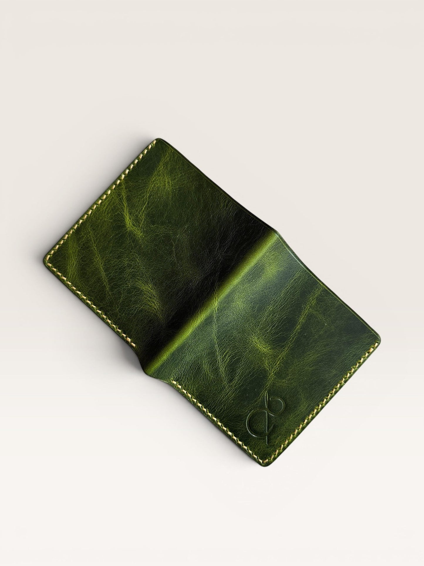 Safir Leather Babil hakiki deri cüzdan, özel yeşil renkte, el yapımı, 10x9 cm.