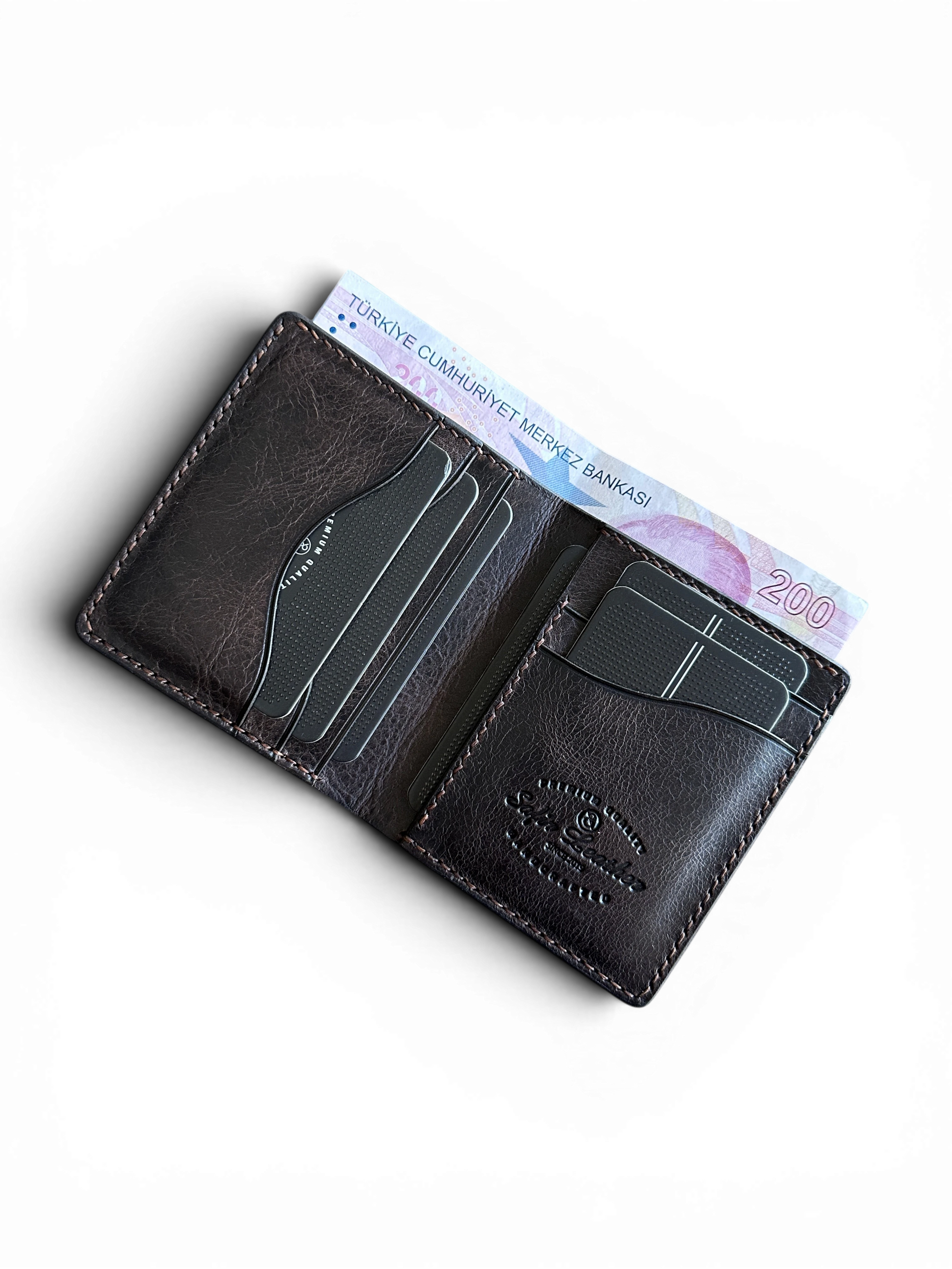 Safir Leather Babil Heritage acı kahve rengi, el yapımı, vintage İtalyan deri cüzdan, kart ve banknot bölmeli.