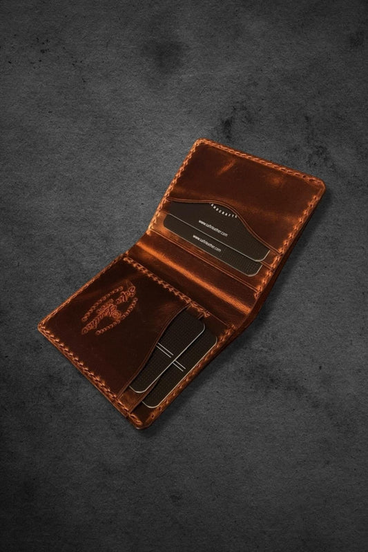 Safir Leather Babil Marron Effect el yapımı hakiki dana derisi minimal unisex cüzdan