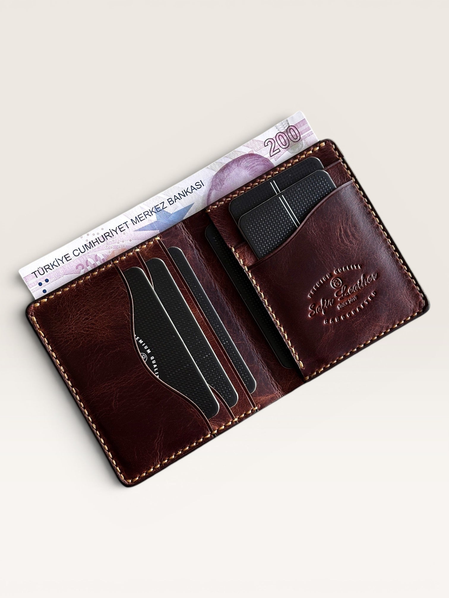Safir Leather Babil model taba rengi hakiki deri erkek cüzdanı, kart ve para bölmeli, el yapımı.