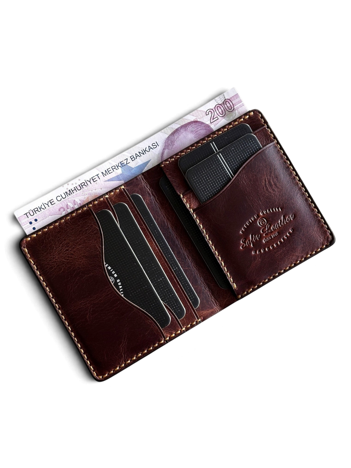 Safir Leather Babil model taba rengi hakiki deri erkek cüzdanı, kart ve para bölmeli, el yapımı.