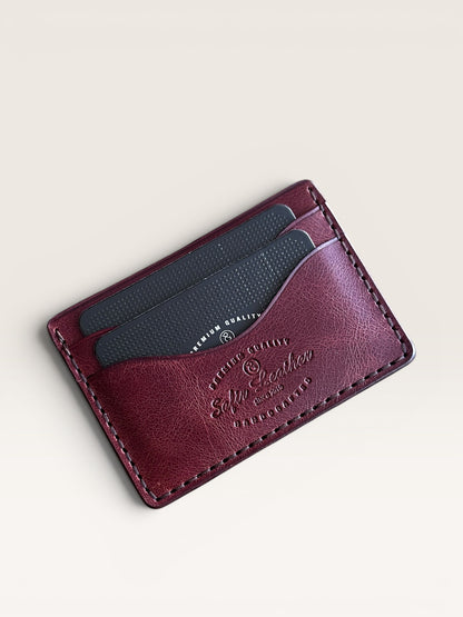 Safir Leather burgundy handmade Italian leather cardholder with 5 slots and organic stitching.