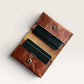 Safir Leather handmade caramel brown genuine leather card holder with 4 card slots and snap closure.