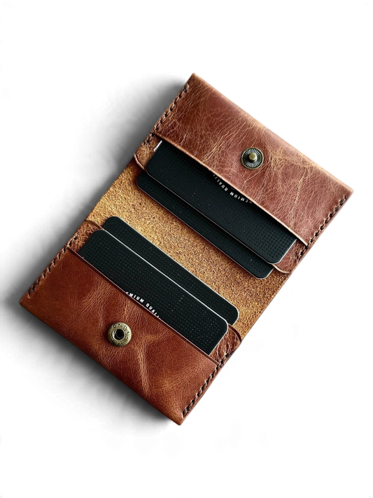 Safir Leather handmade caramel brown genuine leather card holder with 4 card slots and snap closure.