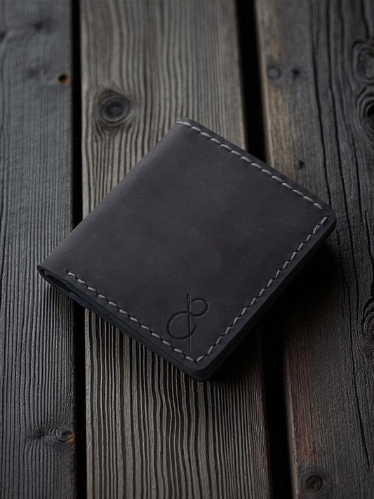 Safir Leather Crazy Deri Cüzdan, el yapımı, hakiki deri, minimalist tasarım, 10x8.5 cm boyutlarında, gri renkli, dikiş detaylı.