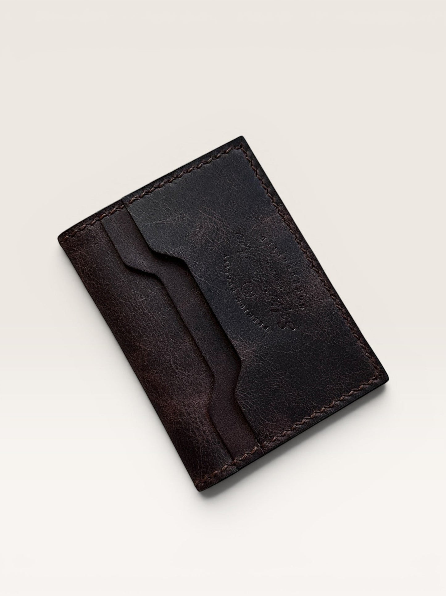 Safir Leather dark brown distressed leather cardholder wallet with multiple card slots, handcrafted with waxed thread.