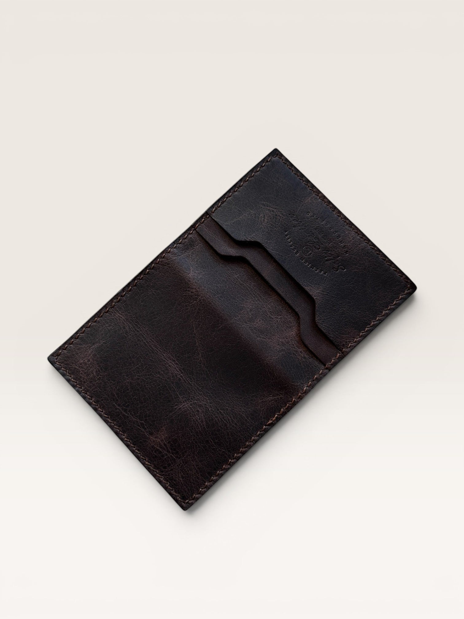 Safir Leather dark brown genuine leather cardholder wallet, minimalist design, handmade with waxed thread stitching.