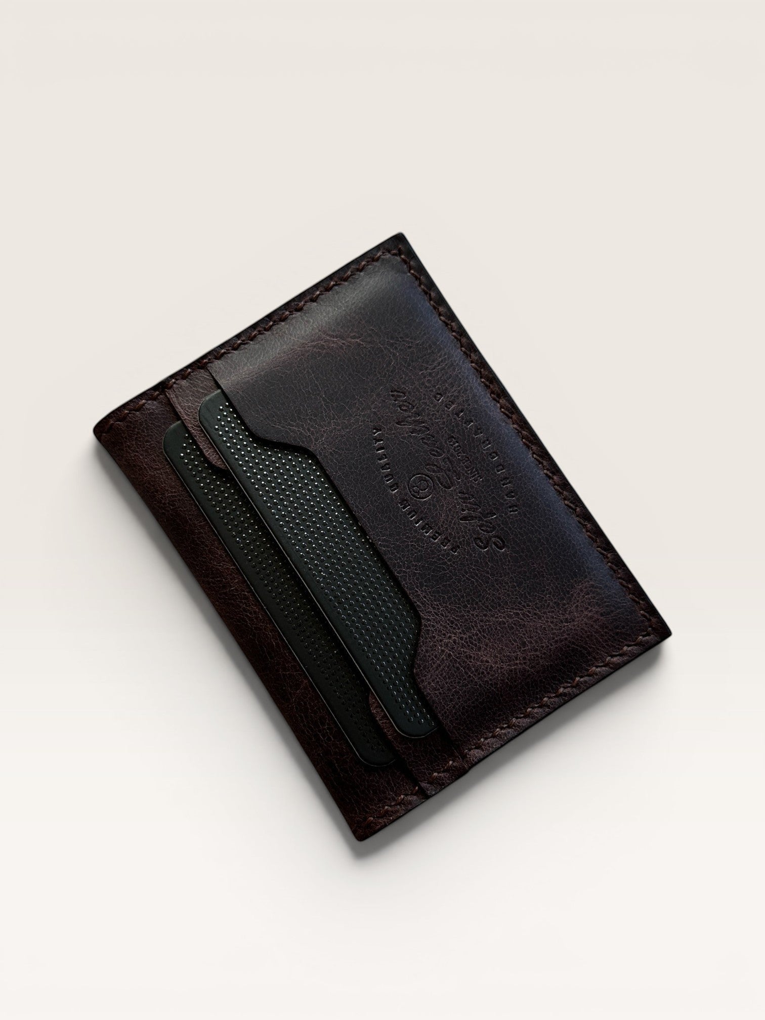 Safir Leather dark brown genuine leather cardholder wallet with minimalist design and stitched edges.