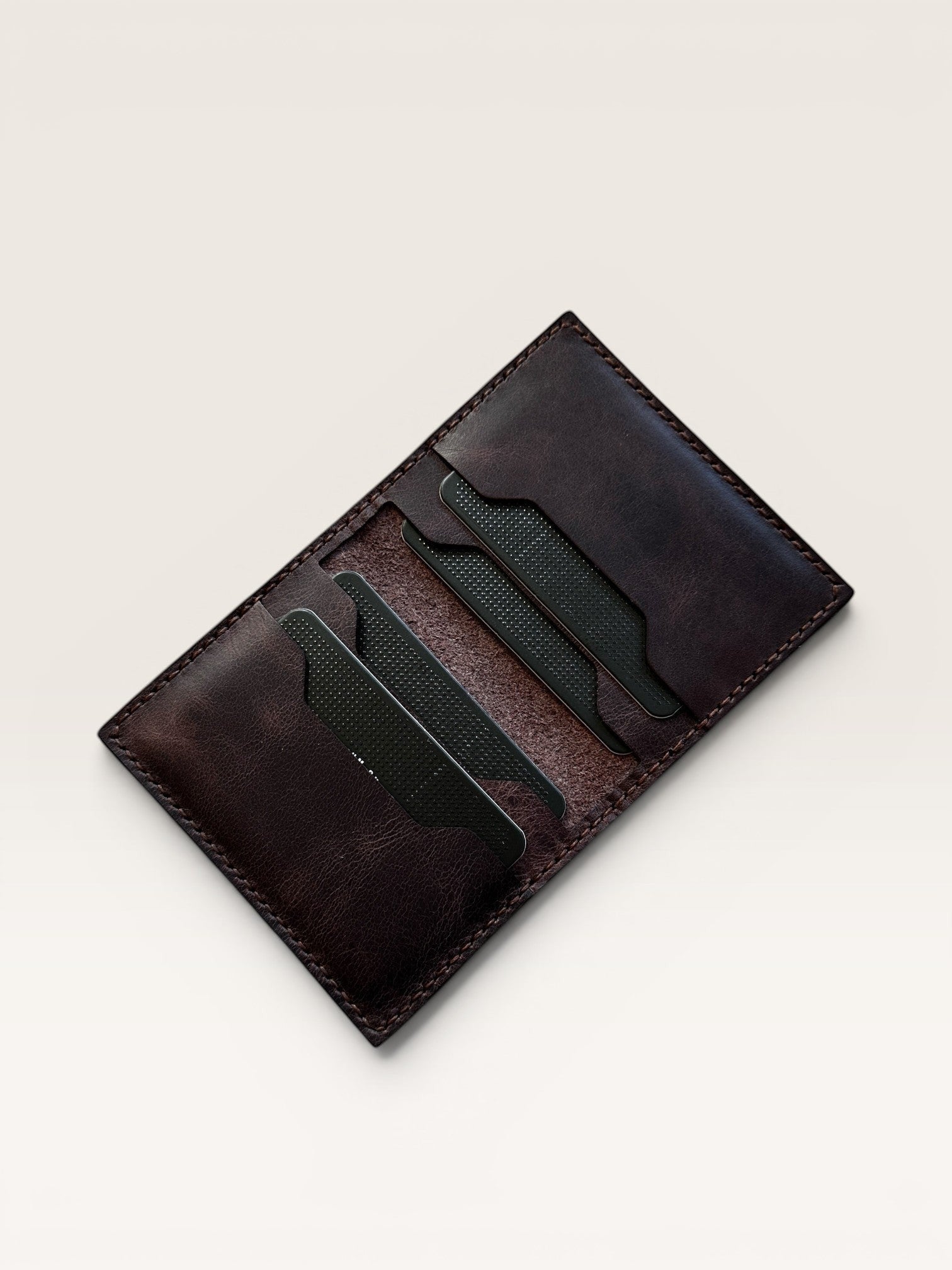 Safir Leather dark brown genuine leather cardholder wallet with multiple card slots, handcrafted and minimalist design.