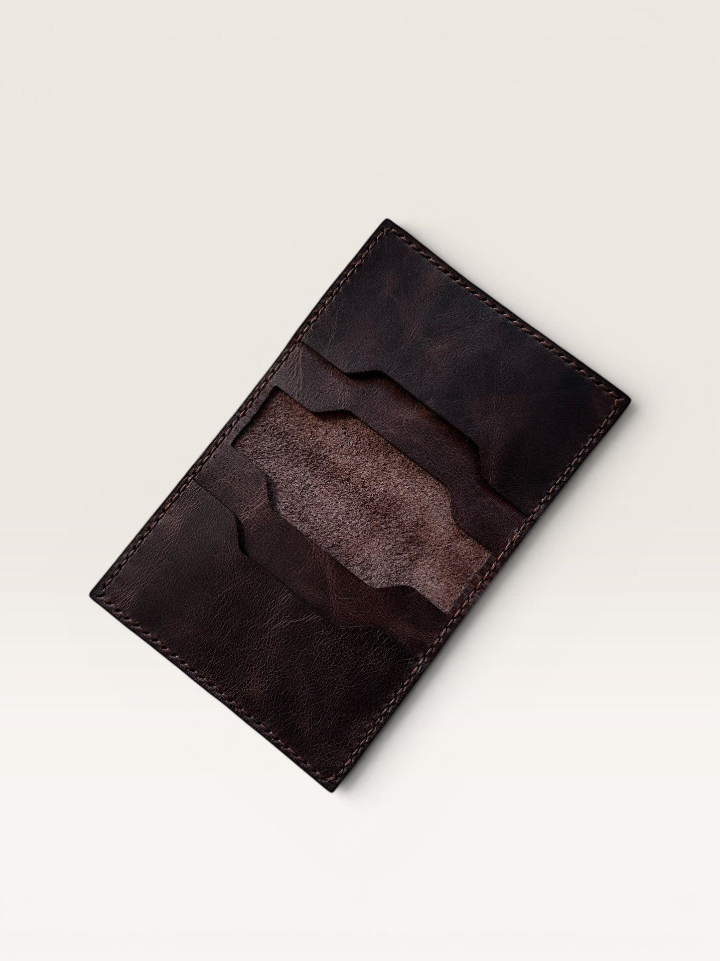 Safir Leather dark brown genuine leather cardholder wallet, handmade with waxed thread, 10cm x 8cm