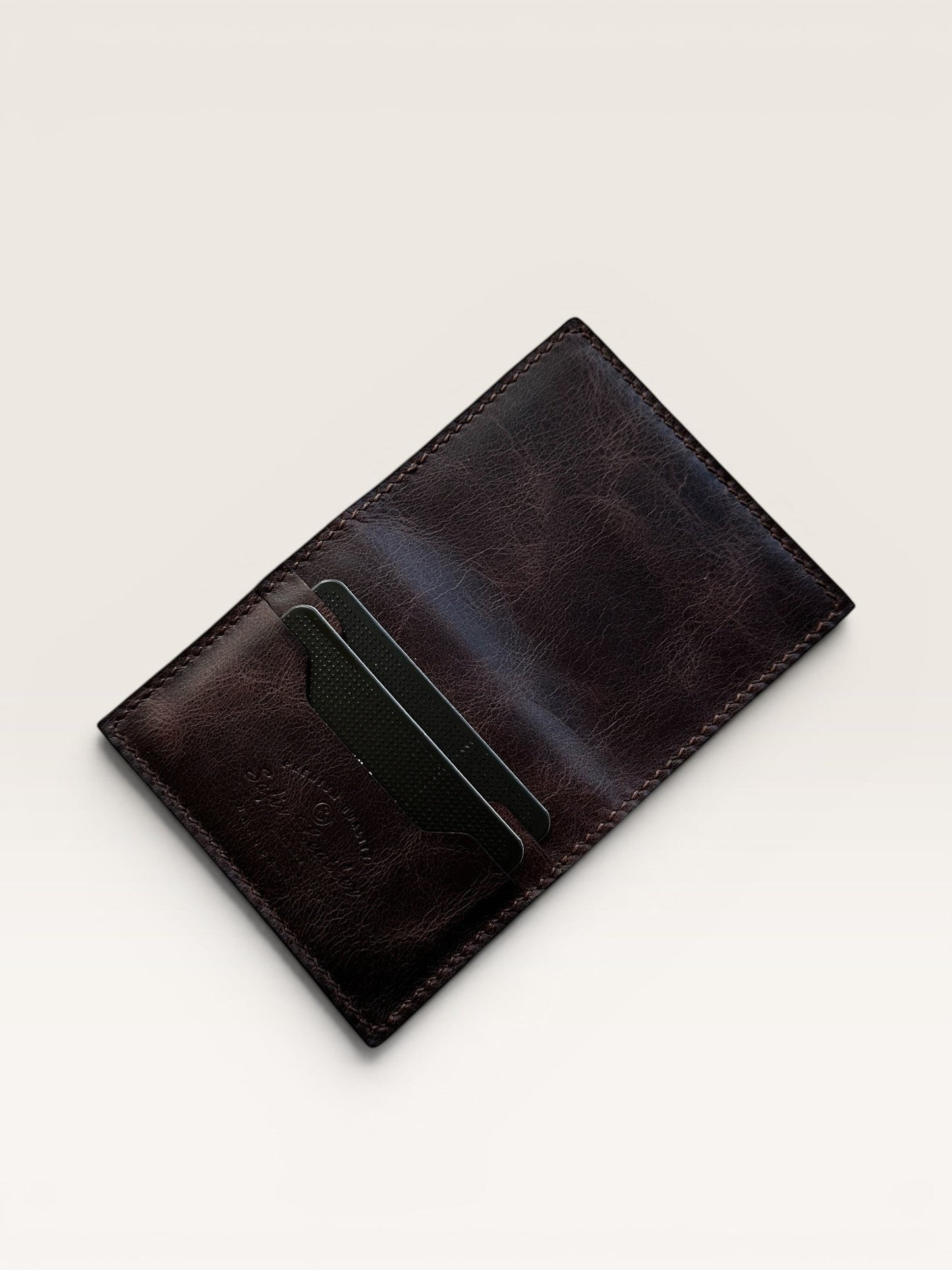 Safir Leather dark brown genuine leather cardholder wallet, handmade with waxed thread, minimalist design, 8x10 cm.