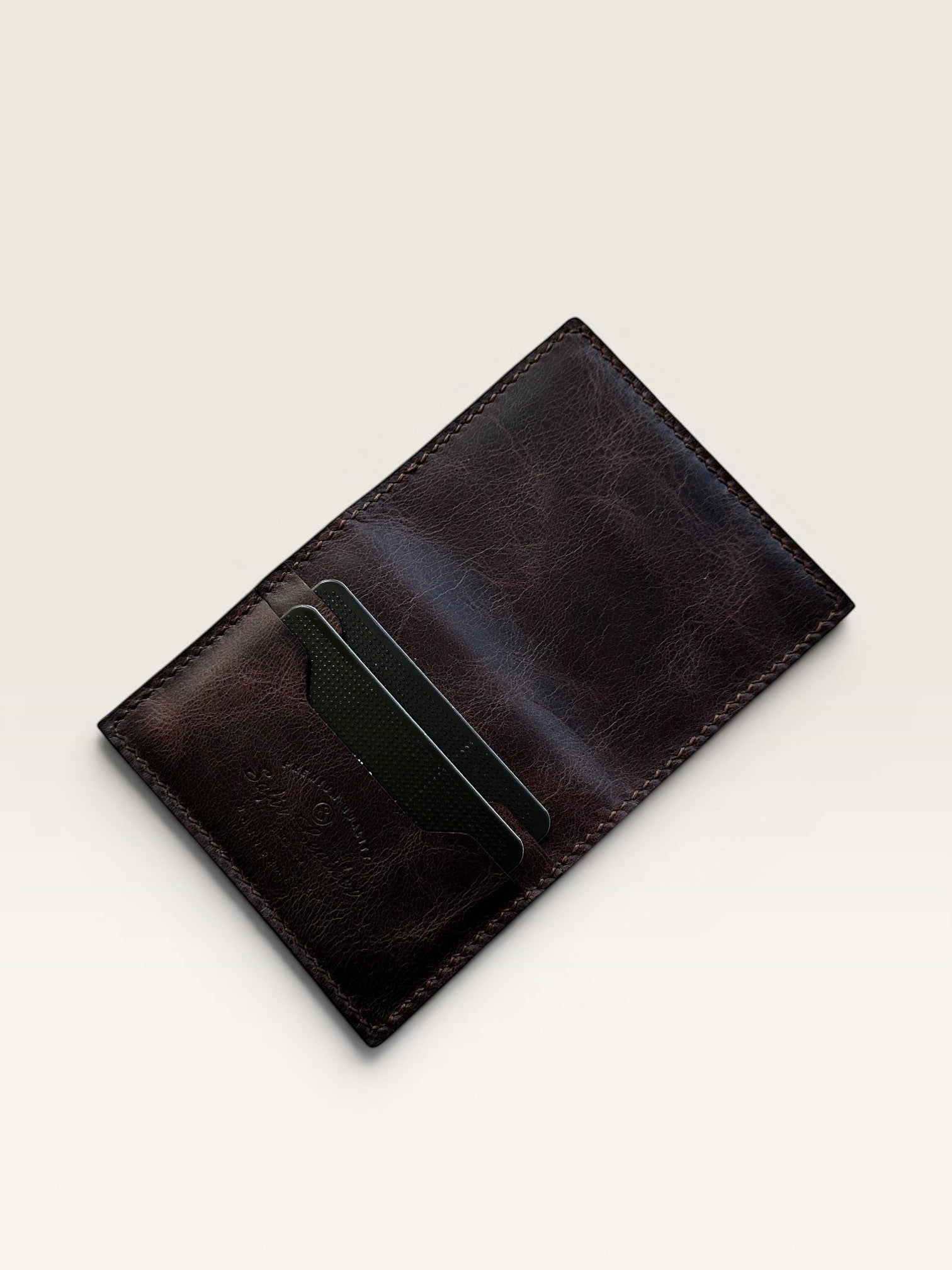 Safir Leather dark brown genuine leather cardholder wallet, handmade with waxed thread, minimalist design, 8x10 cm.