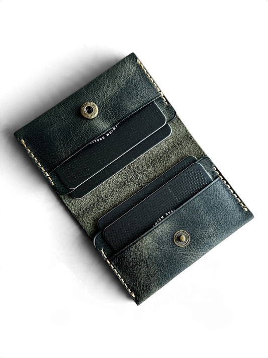 Safir Leather dark green handmade genuine leather card holder with 4 slots and brass snap closure. Minimalist design for men and women.