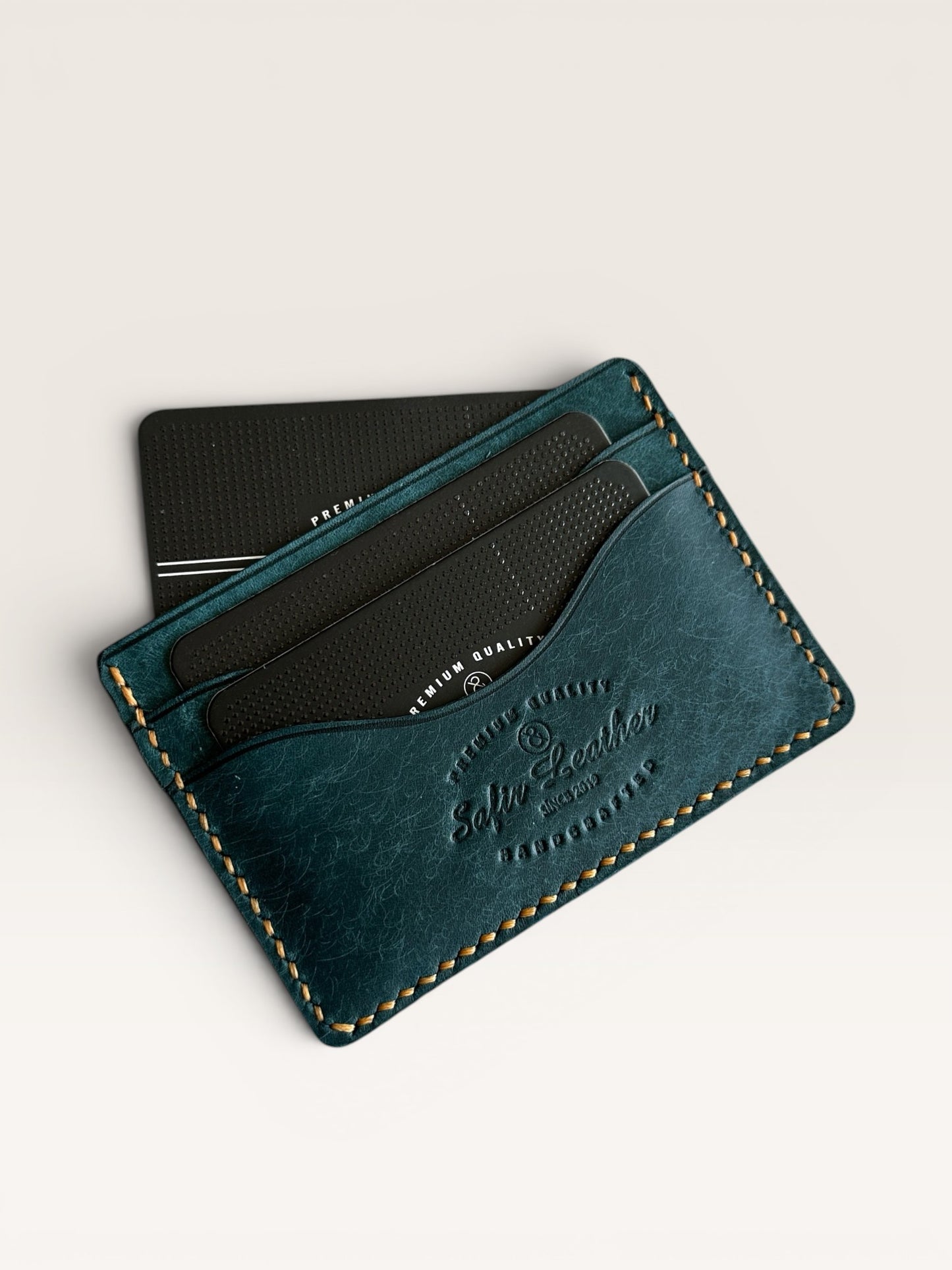 Safir Leather deep blue handmade genuine leather card holder with 5 slots, 7.5cm H x 10.5cm W.