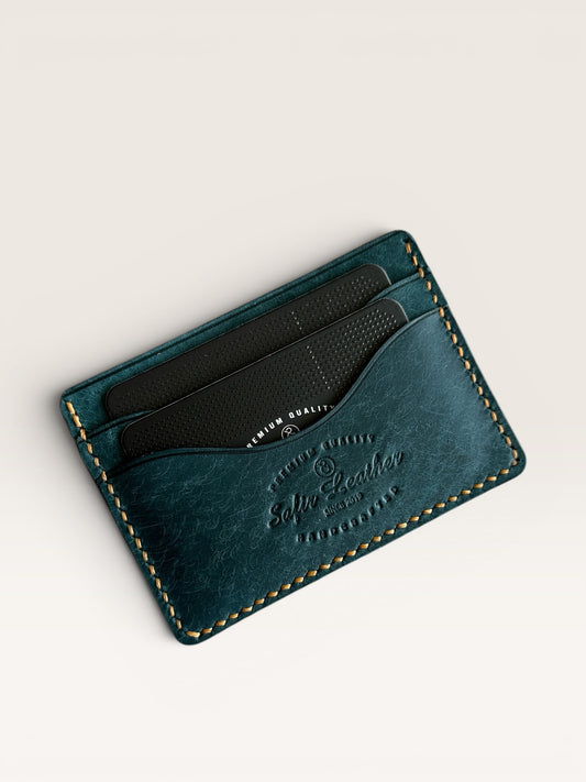 Safir Leather deep blue handmade genuine leather card holder with 5 card slots.