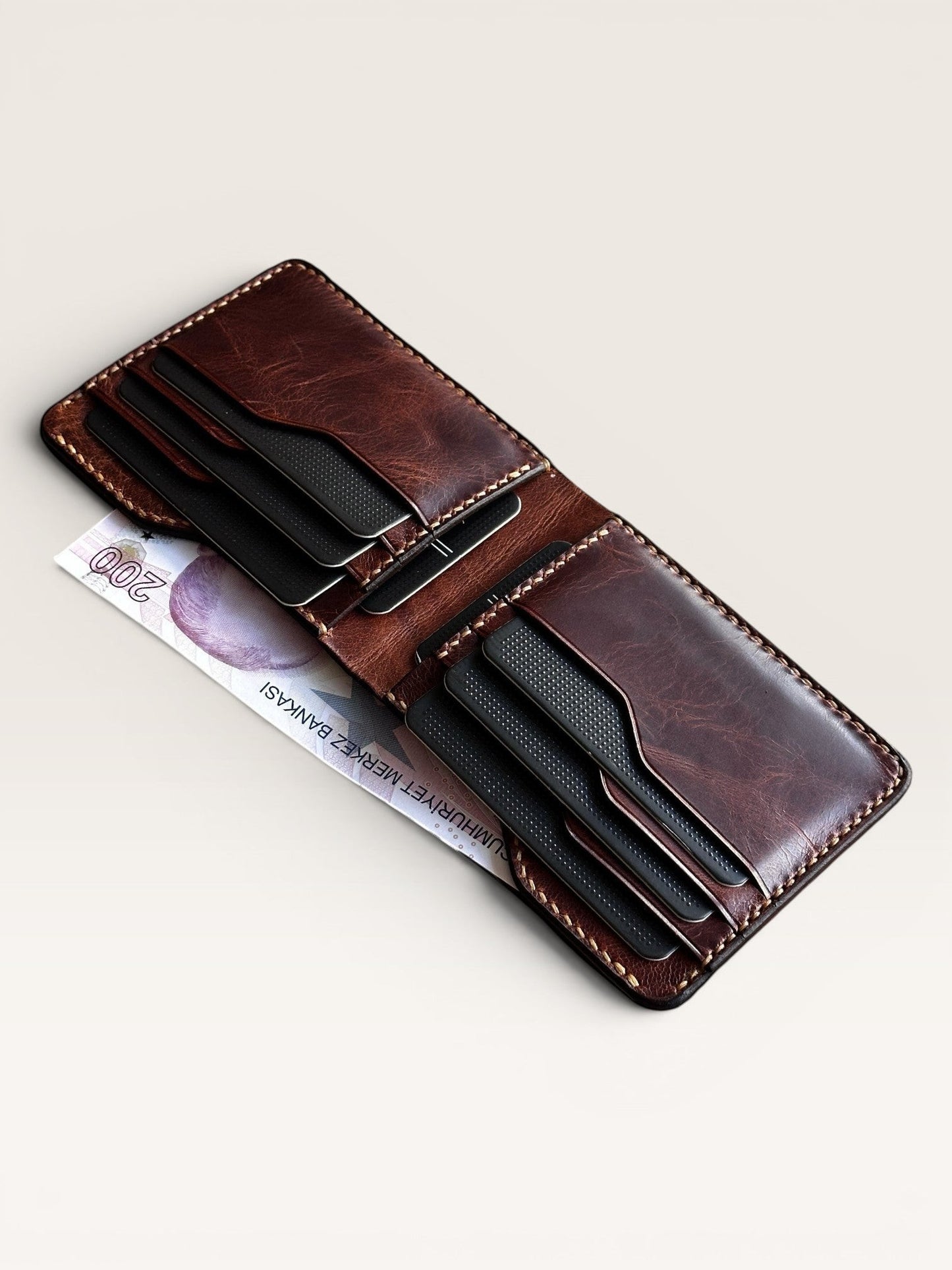 Safir Leather el yapımı kahverengi hakiki deri vintage tasarım cüzdan, kart ve nakit bölmeli