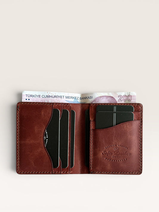 Safir Leather Babil hakiki deri cüzdan, kiremit rengi, kart ve para bölmeli, el yapımı.