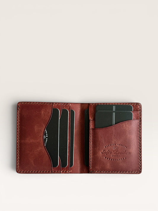 Safir Leather el yapımı kiremit rengi hakiki deri cüzdan, kart bölmeli ve sade tasarımlı.