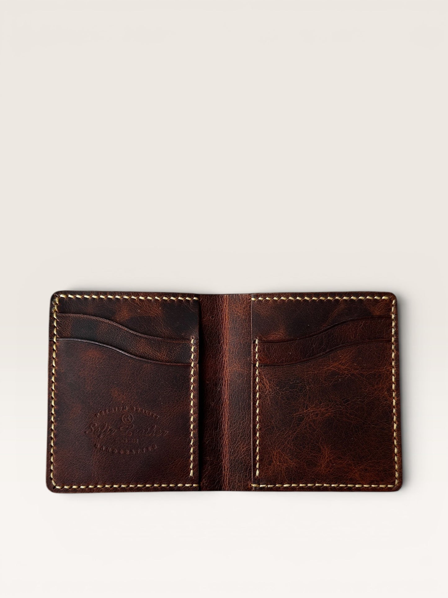Safir Leather el yapımı taba rengi hakiki deri cüzdan, kart ve para bölmeli, 10x9 cm.