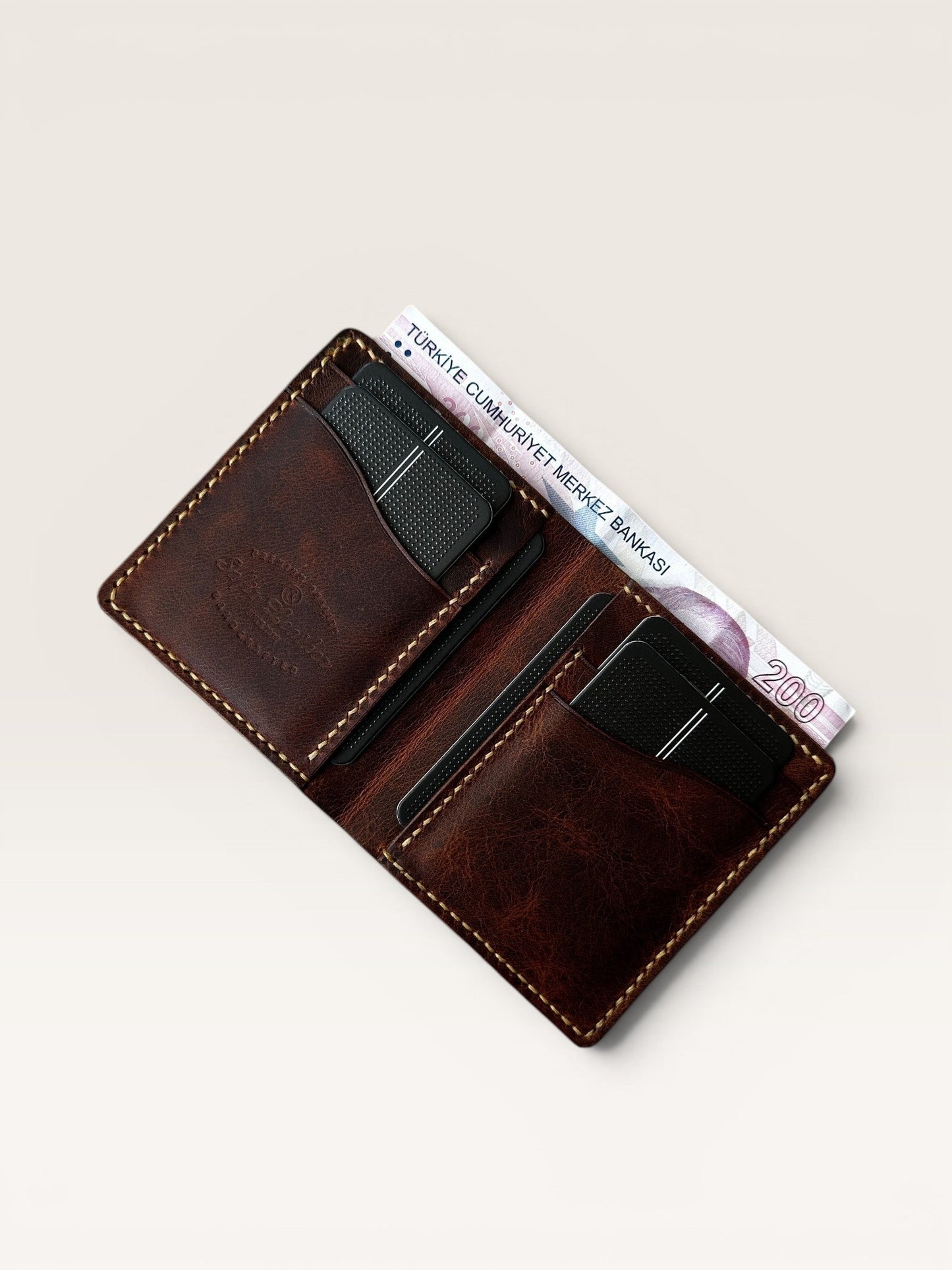 Safir Leather B-King Frisco Taba deri cüzdan, el yapımı.