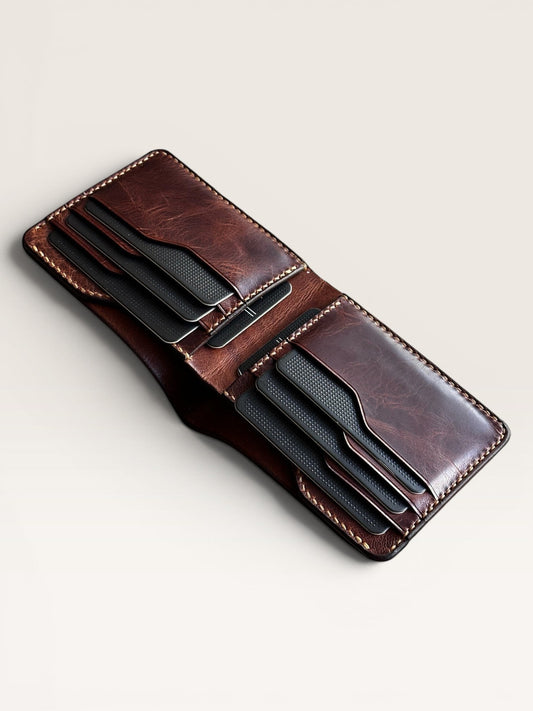 Safir Leather el yapımı kahverengi hakiki deri vintage tasarım cüzdan, kart ve nakit bölmeli, elde dikilmiş dikiş detaylı.
