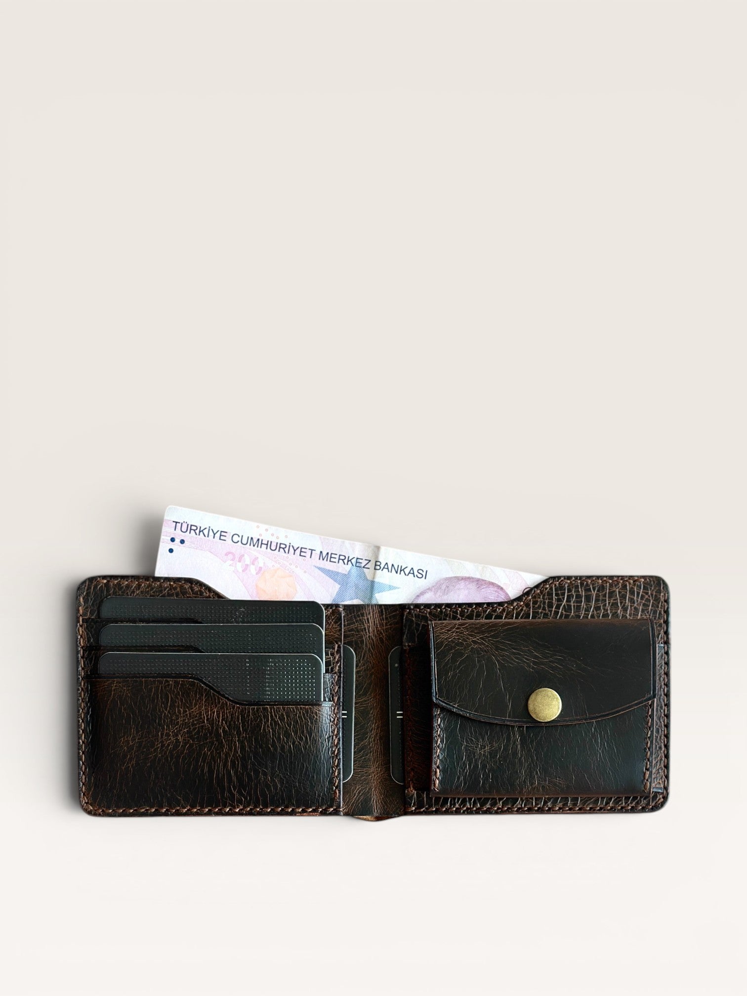 Safir Leather el yapımı vintage kahverengi hakiki İtalyan deri erkek cüzdan, 5 kart gözü, para ve bozuk para bölmeli.