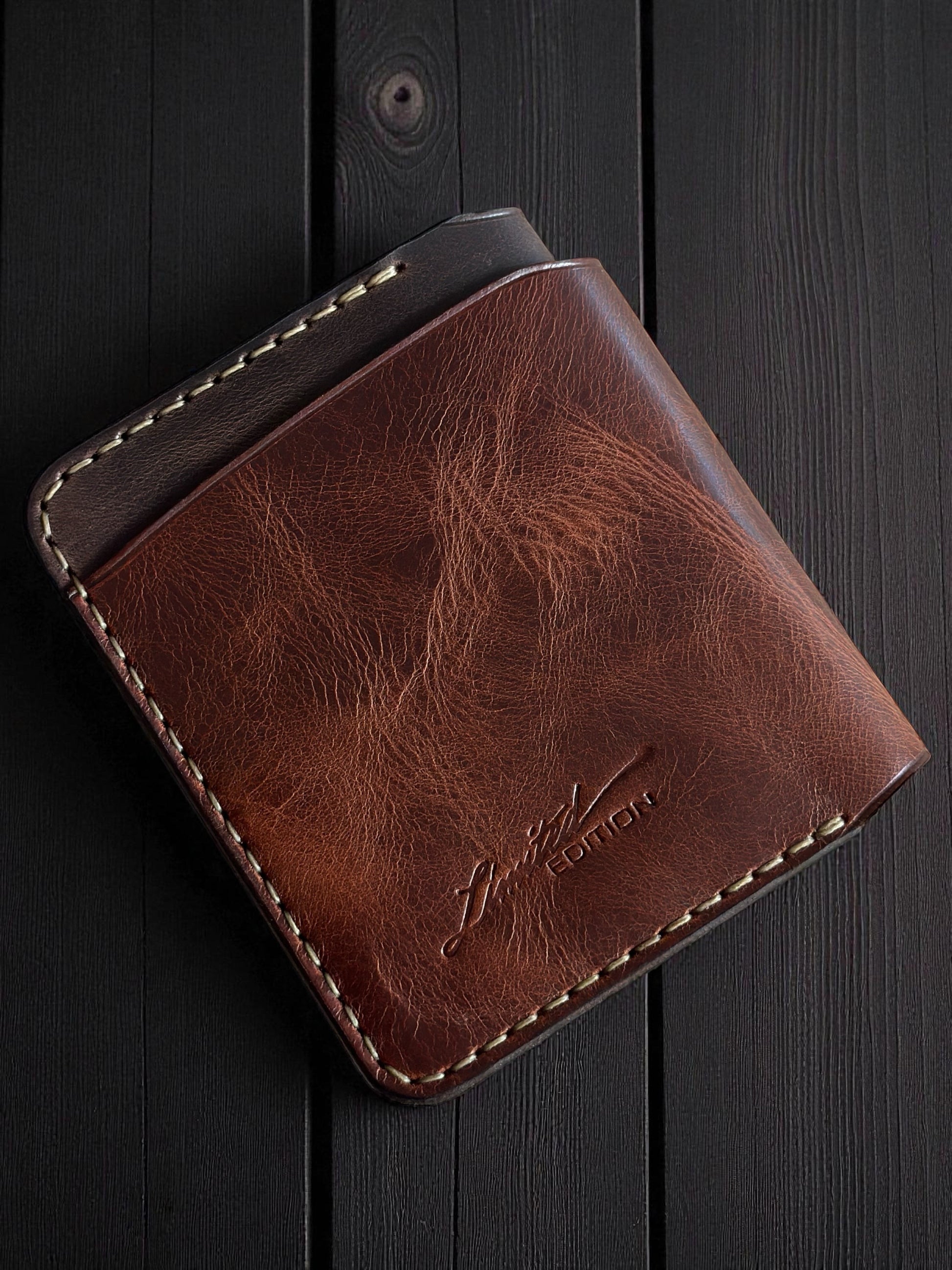 Safir Leather Torino çıtçıtlı, kahverengi hakiki İtalyan deri el yapımı kartlık cüzdan
