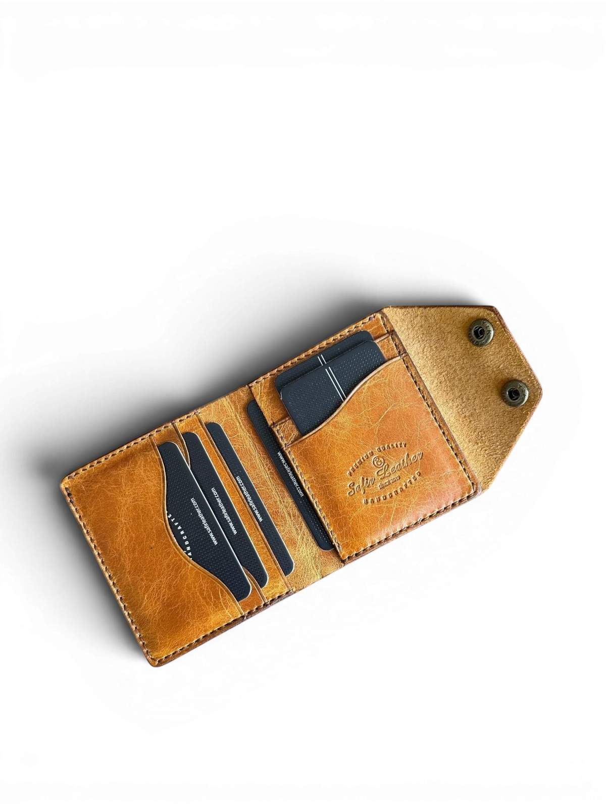 Safir Leather el yapımı, çıtçıtlı, kahverengi hakiki İtalyan deri kartlık cüzdan. 10-12 kart kapasiteli.