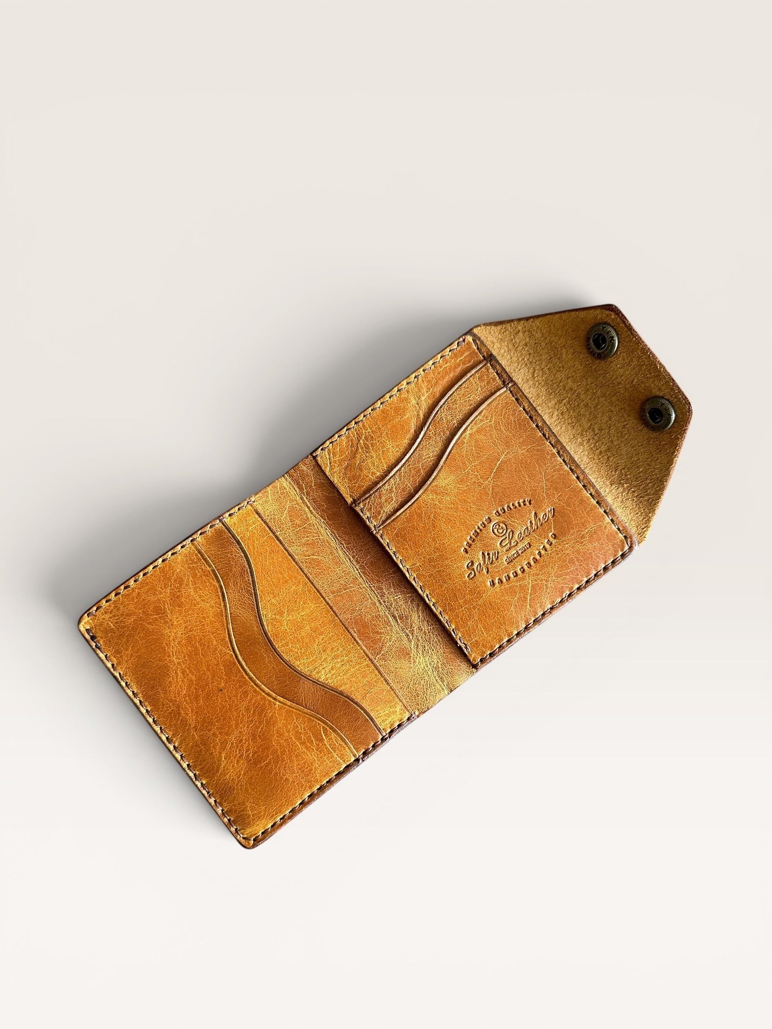 Safir Leather el yapımı, çıtçıtlı, kahverengi hakiki İtalyan deri kartlık cüzdan