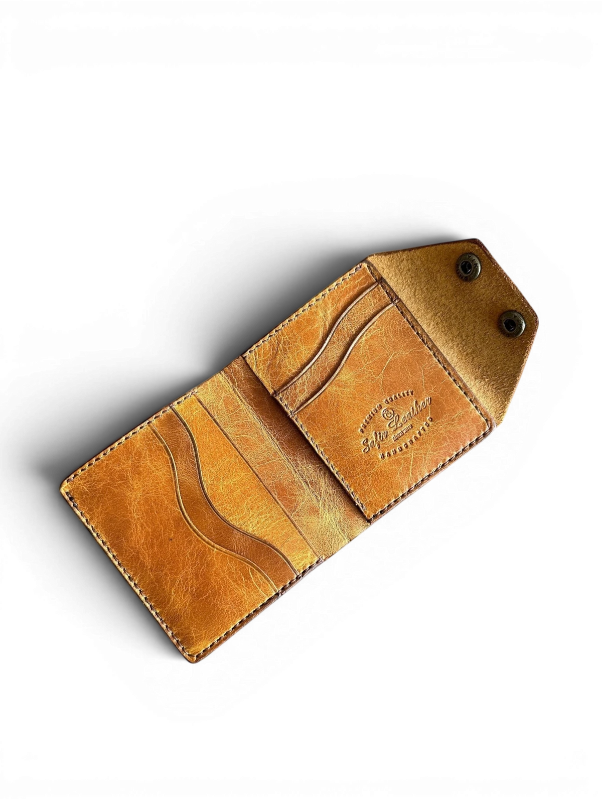 Safir Leather el yapımı, çıtçıtlı, kahverengi hakiki İtalyan deri kartlık cüzdan