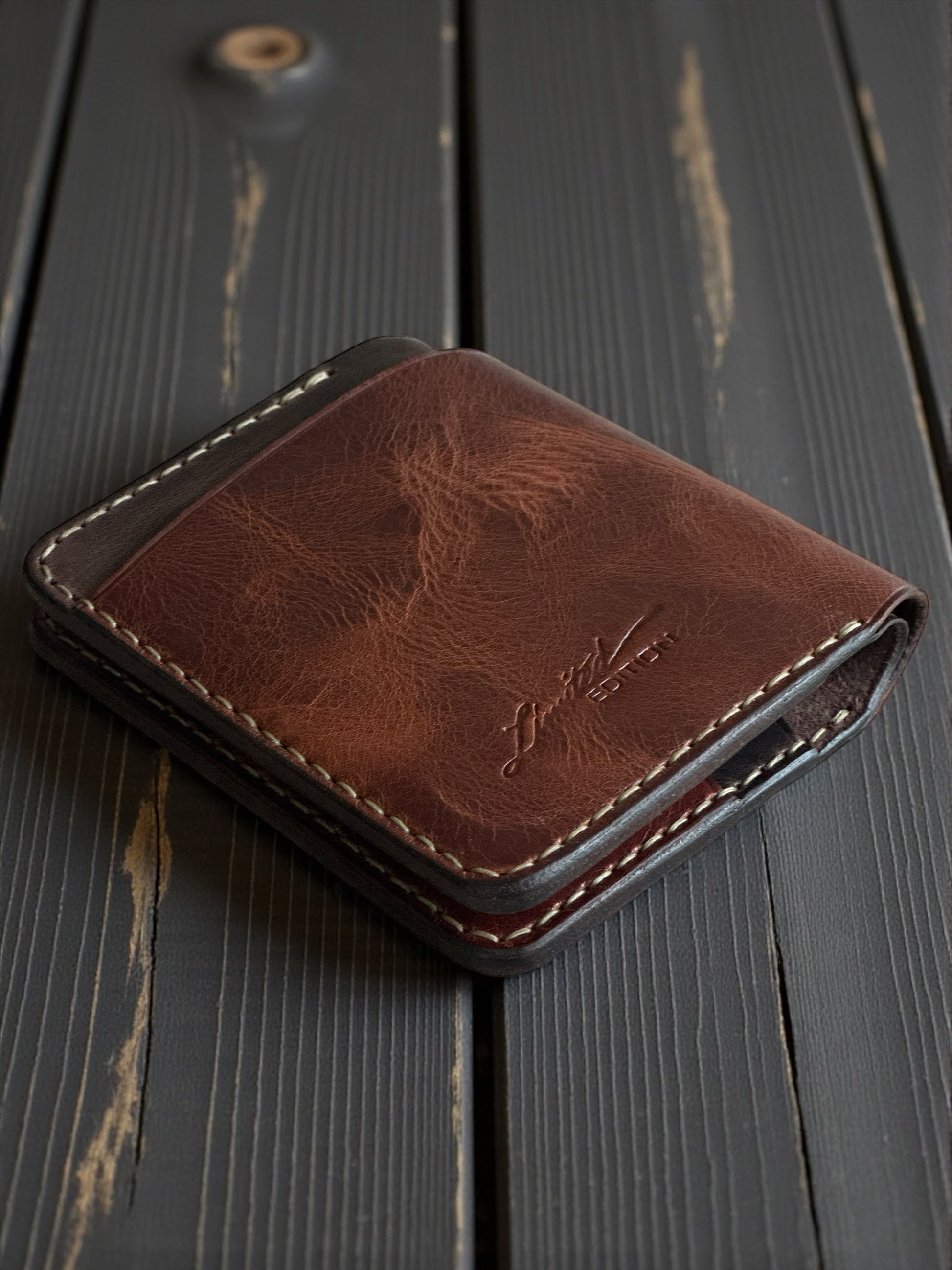 Safir Leather Torino çıtçıtlı, kahverengi hakiki deri el yapımı kartlık cüzdan