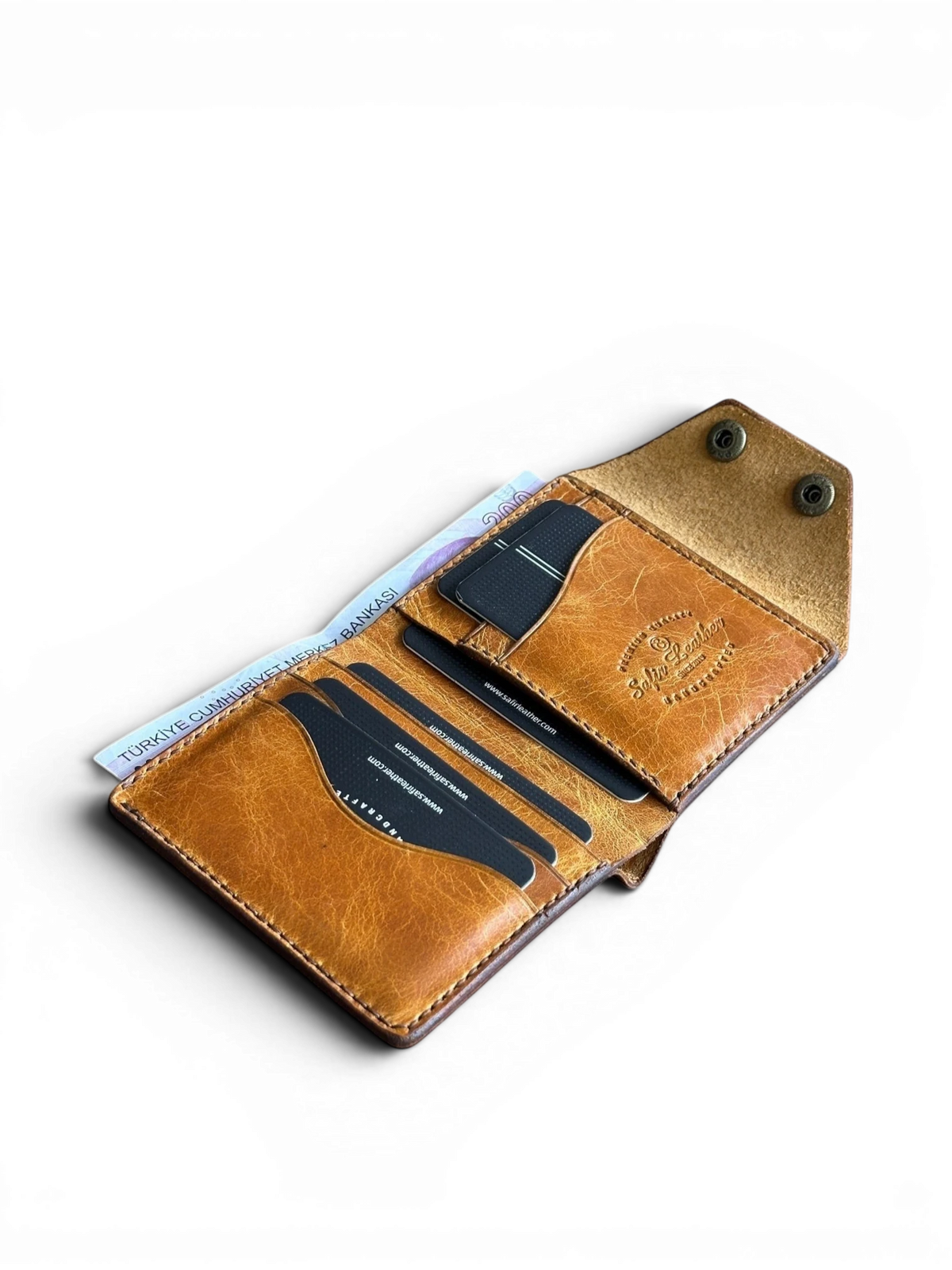 Safir Leather el yapımı çıtçıtlı kartlık cüzdan, kahverengi hakiki İtalyan derisi, 10-12 kart kapasiteli, nakit bölmeli.