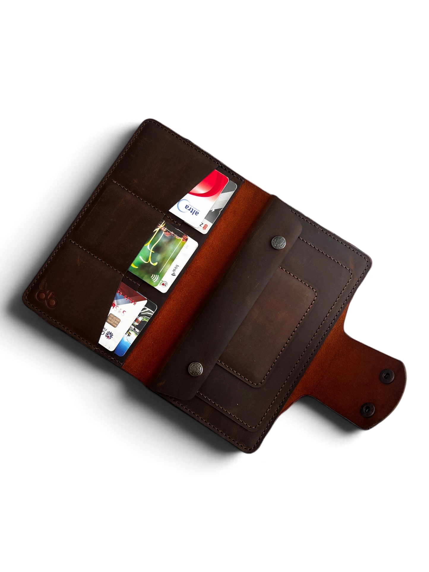 Safir Leather el yapımı, telefon bölmeli, kartlıklı ve çıtçıtlı kahverengi hakiki dana derisi özel portföy cüzdan