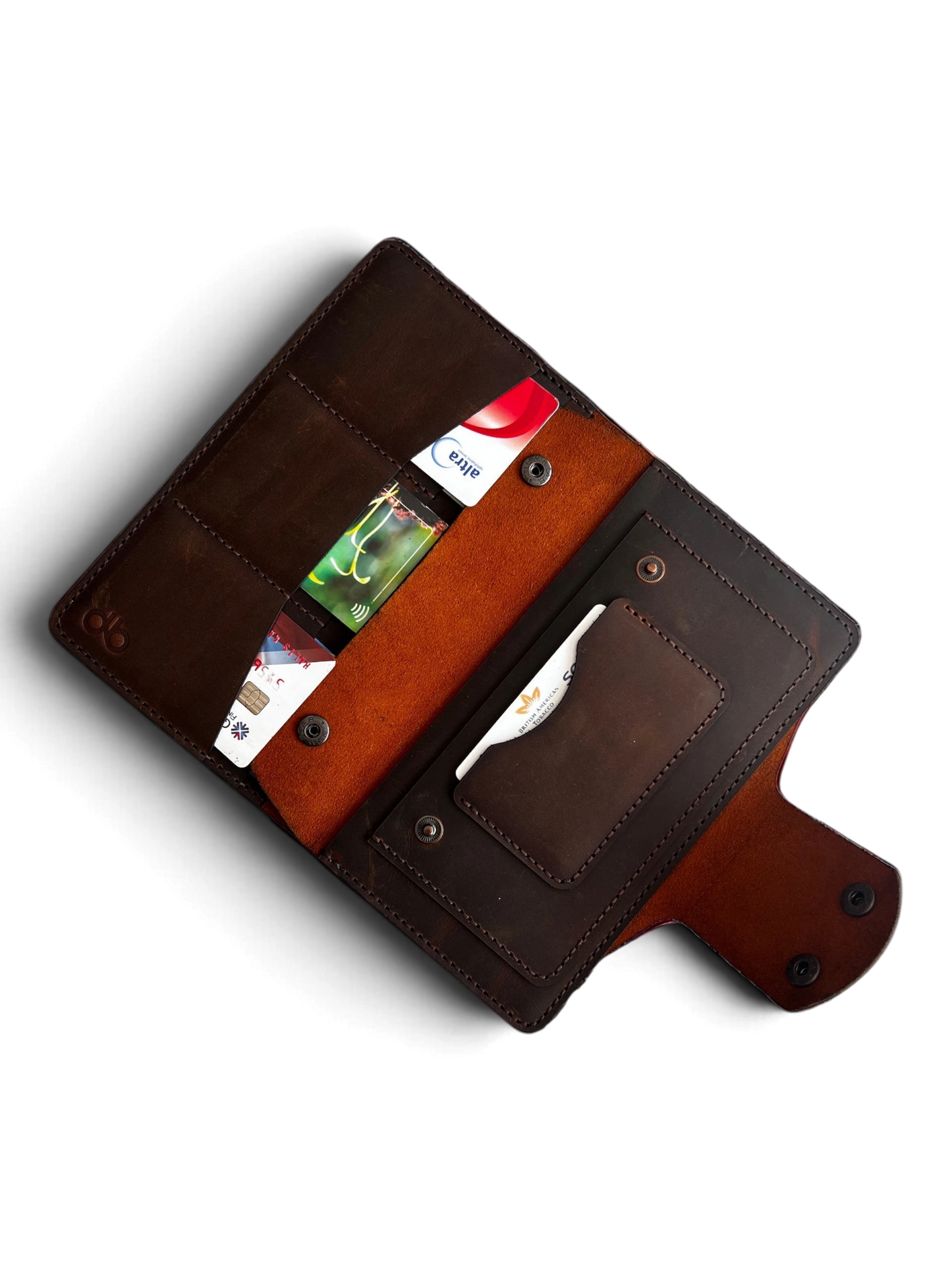 Safir Leather el yapımı hakiki dana derisi telefon bölmeli kahverengi portföy cüzdan