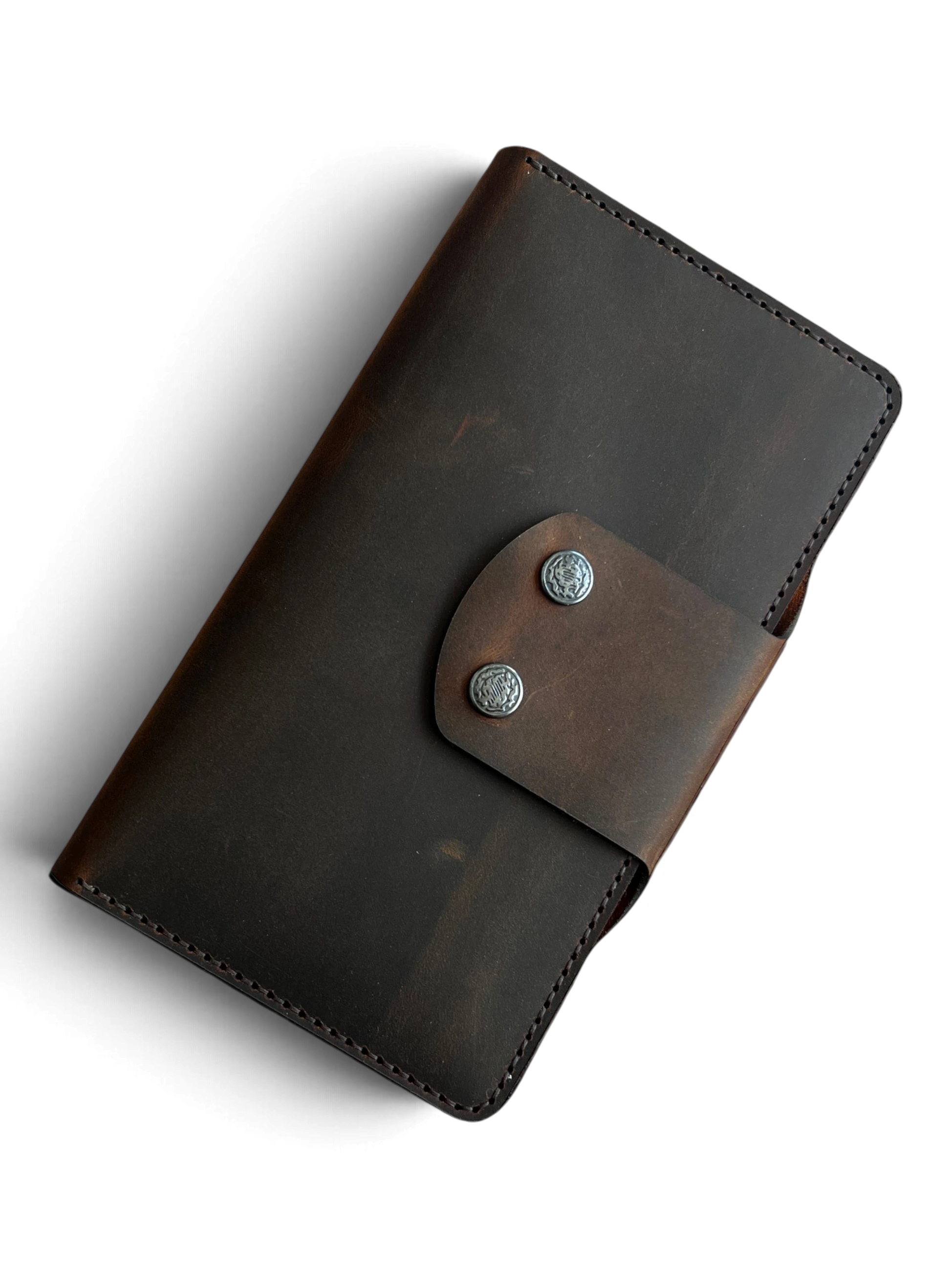 Safir Leather el yapımı, telefon bölmeli, koyu kahverengi hakiki dana derisi özel portföy cüzdan