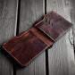 Safir Leather handmade dark brown Italian leather bifold wallet with multiple card slots and a vintage design.