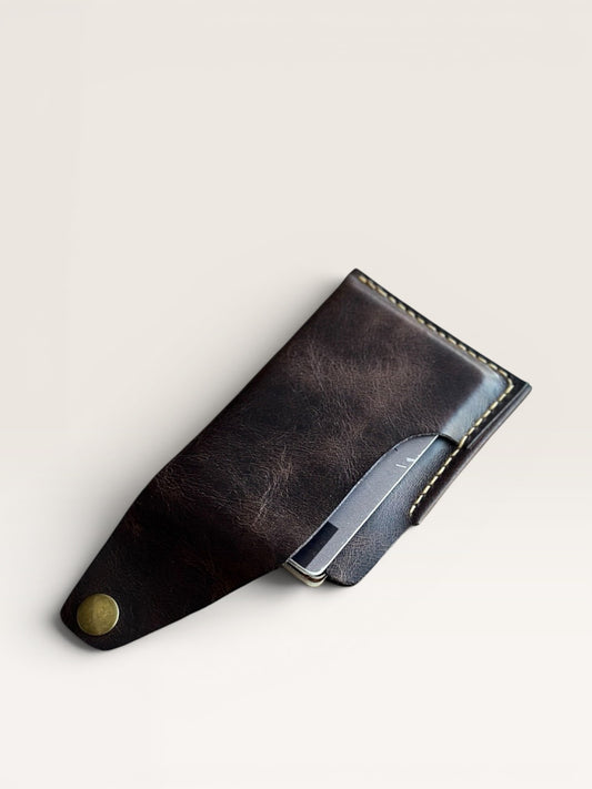 Safir Leather handmade dark brown genuine leather card holder, 8-10 card capacity, with snap closure.